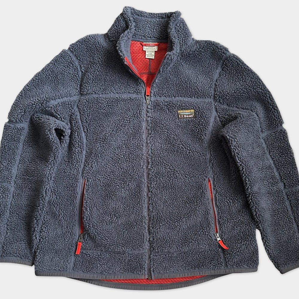 L.L. Bean Men's Dark Gray Teddy Fleece Jacket with Red Trim